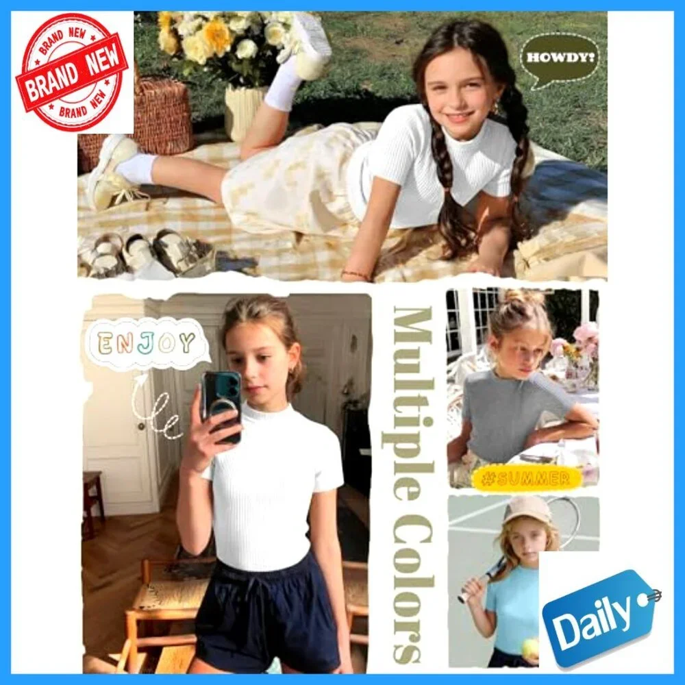 3 Pack Girls Mock Neck Ribbed Tees Slim Fit Short Sleeve Tops